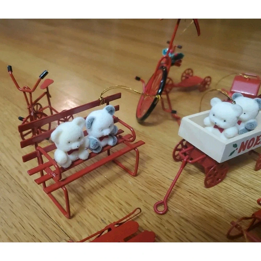 Vintage 80s Flocked Teddy Bear Christmas Ornaments Red Metal Lot Sled Wagon